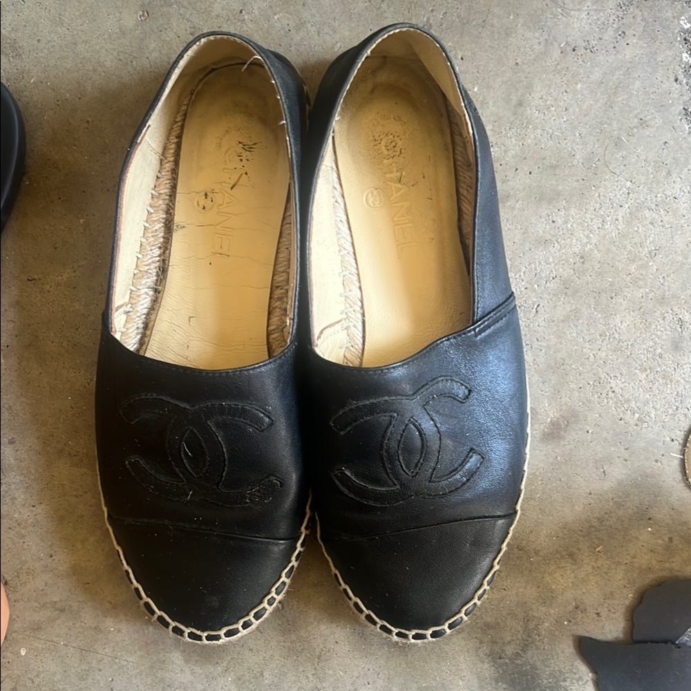 CHANEL Black Leather Espadrilles